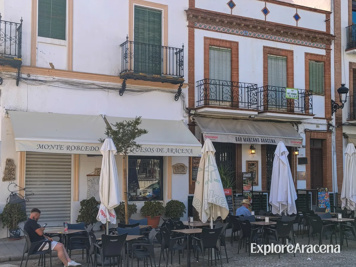 Outdoor bar terraces in the centre of Aracena on a warm summer evening.
